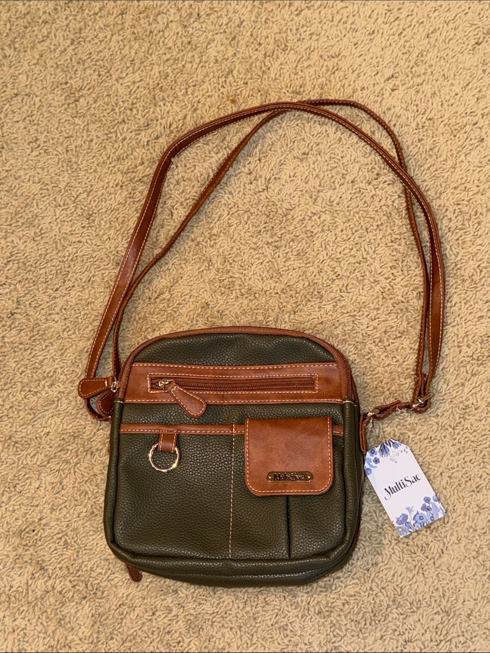MultiSac Olive Green Shoulder Bag with Brown Trim